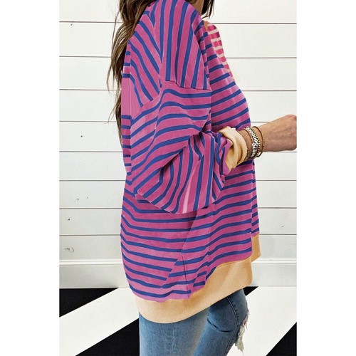 Pink Stripe Casual Stripe Colorblock Drop Shoulder Oversize Sweatshirt - 2XL - Main Image