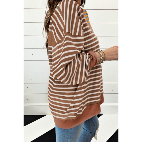 Brown Stripe Casual Stripe Colorblock Drop Shoulder Oversize Sweatshirt - S - Main Image