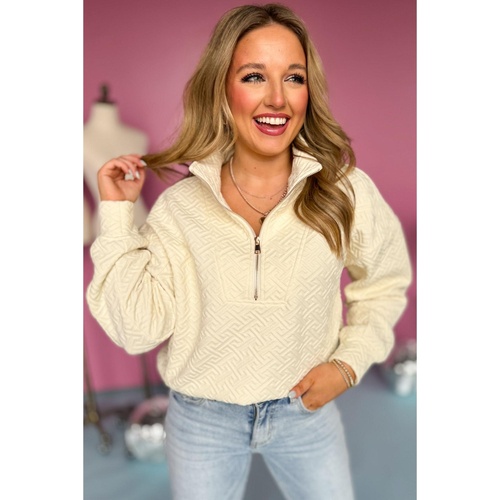 Beige Solid Textured Half Zipper Collared Sweatshirt - L - Main Image