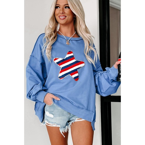 Sky Blue Sequin Trim Embroidered Star USA Pattern Sweatshirt - L - Main Image