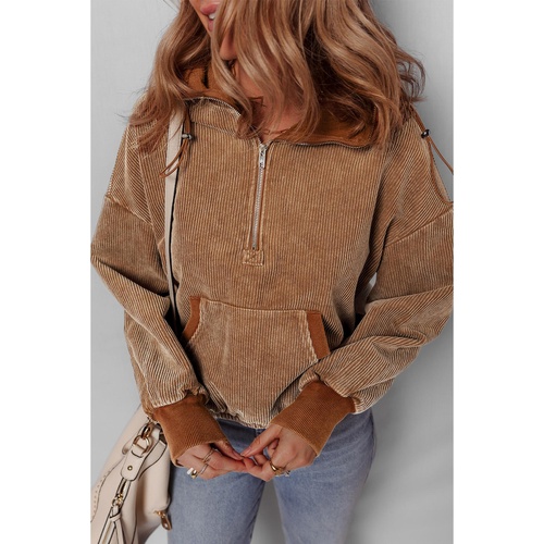 Chestnut Half Zipper Kangaroo Pocket Drawstring Corduroy Hoodie - L - Main Image