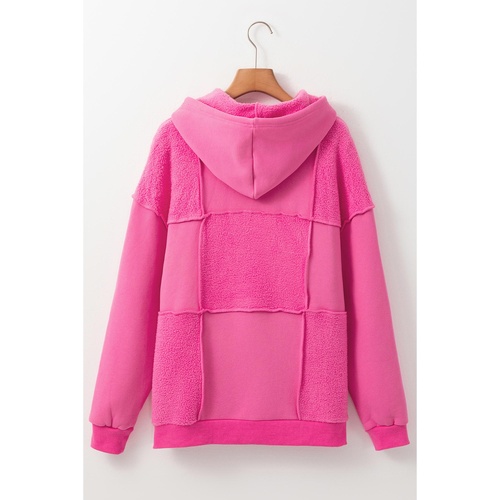 Pitaya Pink Mineral Wash Terry Patchwork Drawstring Hoodie - L - Main Image