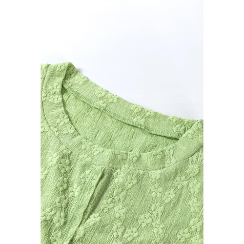 Light Green Solid Color Textured Side Split Crew Neck Blouse - L - Main Image