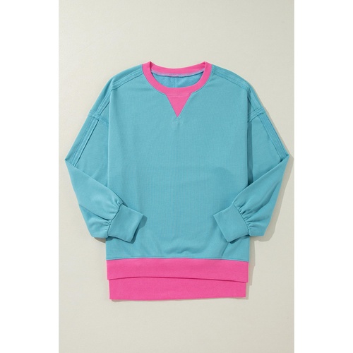 Light Blue Colorblock Patchwork Crew Neck Loose Sweatshirt - L - Main Image