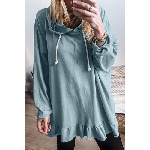 Iceland Blue Solid Ruffled Hem Loose Fit Tunic Hoodie - L - Main Image