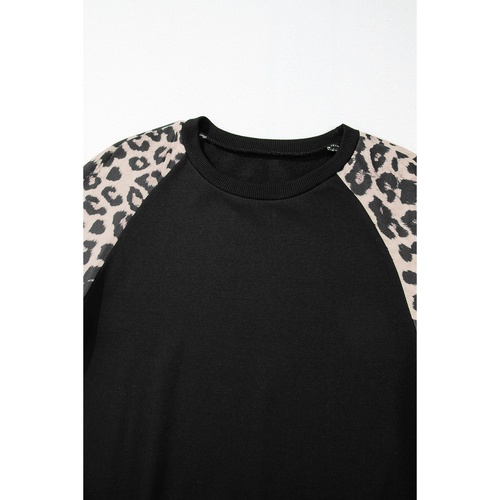 Black Leopard Print Colorblock Raglan Sleeve Sweatshirt - M - Main Image