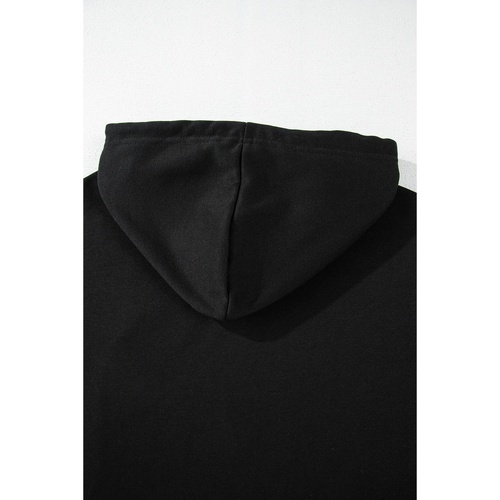 Black Solid Drop Shoulder Drawstring Cropped Hoodie - L - Main Image