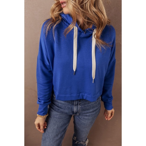 Dark Blue Solid Drop Shoulder Drawstring Cropped Hoodie - L - Main Image