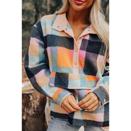 Black Plaid Print Pocketed Half Button Collared Sweatshirt - L - Main Image
