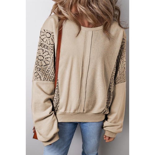 Parchment Knit Crochet Exposed Seam Ribbed Trim Sweatshirt - L - Main Image