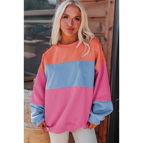 Bright Pink Colorblock Patchwork Drop Shoulder Sweatshirt - 2XL - Main Image
