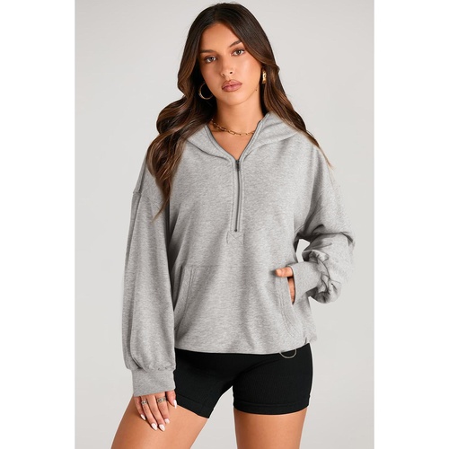 Light Grey Solid Kangaroo Pocket Half Zipper Oversized Hoodie - 2XL - Main Image