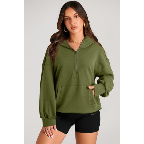 Moss Green Solid Kangaroo Pocket Half Zipper Oversized Hoodie - 2XL - Main Image