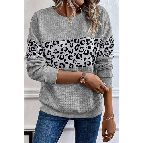 Gray Leopard Quilted Patchwork Crew Neck Sweatshirt - S - Main Image