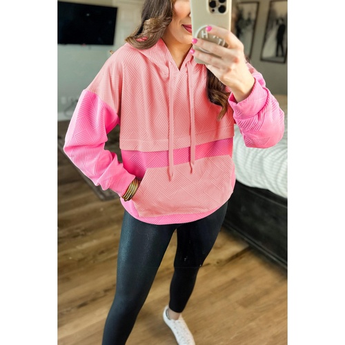 Pink Textured Color Block Kangaroo Pocket Drop Shoulder Hoodie - XL - Main Image