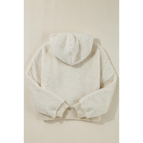 White Contrast Ribbed Edge Plush Hoodie - L - Main Image