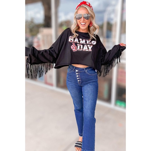 Black GAME DAY Rugby Sequined Tasseled Cropped Sweatshirt - M - Main Image