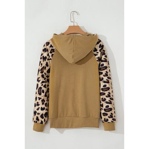 Light French Beige Leopard Print Patchwork Raglan Sleeve Half Buttons Hoodie - L - Main Image