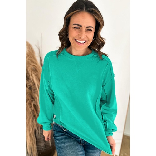Mint Green Splicing Round Neck Pullover Sweatshirt - L - Main Image