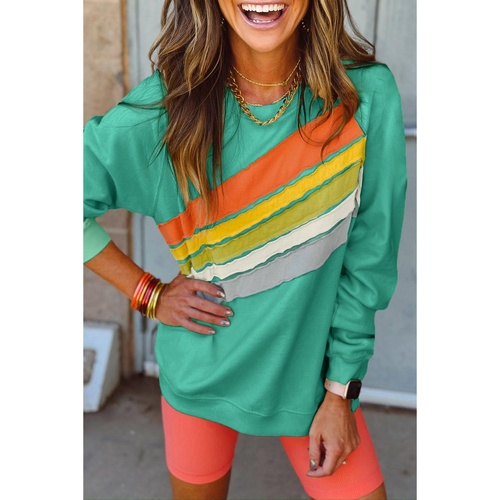 Mint Green Rainbow Colorblock Striped Pullover Sweatshirt - L - Main Image