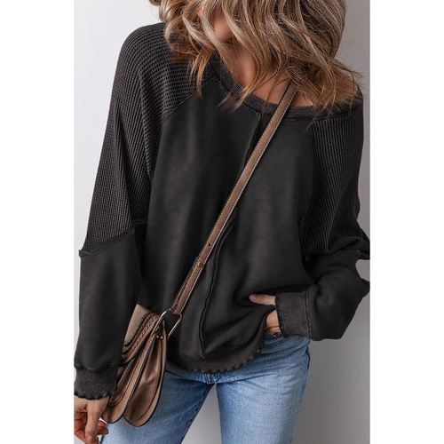 Black Solid Waffle Knit Patchwork Raglan Sleeve Sweatshirt - L - Main Image