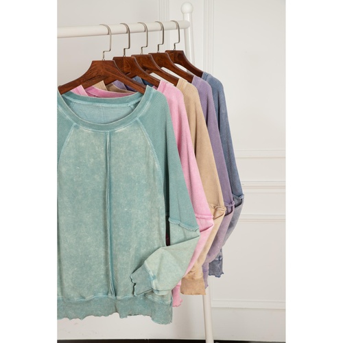 Light French Beige Solid Waffle Knit Patchwork Raglan Sleeve Sweatshirt - 2XL - Main Image