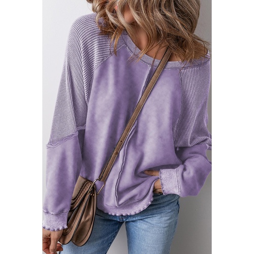 Orchid Petal Solid Waffle Knit Patchwork Raglan Sleeve Sweatshirt - L - Main Image