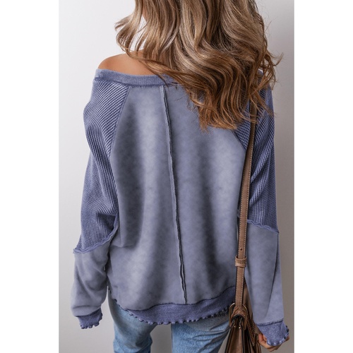 Sail Blue Solid Waffle Knit Patchwork Raglan Sleeve Sweatshirt - 2XL - Main Image