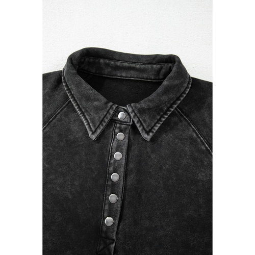 Black Solid Snap Buttons Collared Balloon Sleeve Oversized Sweatshirt - XL - Main Image