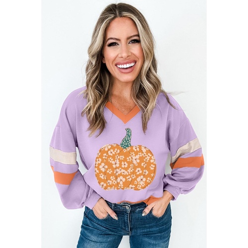 Orchid Bouquet Halloween Floral Pumpkin Color Block V Neck Sweatshirt - L - Main Image