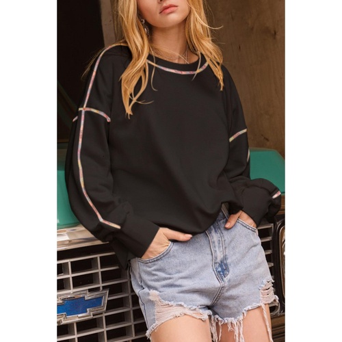 Black Contrast Rainbow Trim Drop Shoulder Pullover Sweatshirt - XL - Main Image