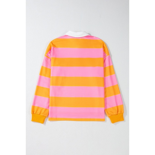 Yellow Stripe Color Block Polo Collar Sweatshirt - L - Main Image