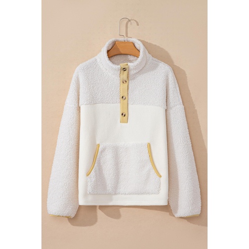 Beige Fleece Colorblock Trim Buttons Collar Sweatshirt with Pocket - M - Main Image