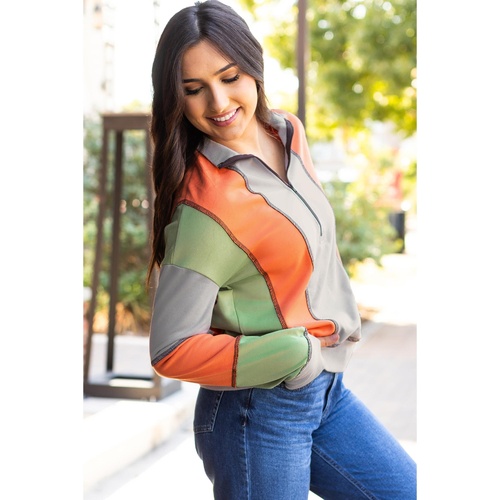 Light Grey Color Block Stitching Detail Half Zipper Sweatshirt - S - Main Image