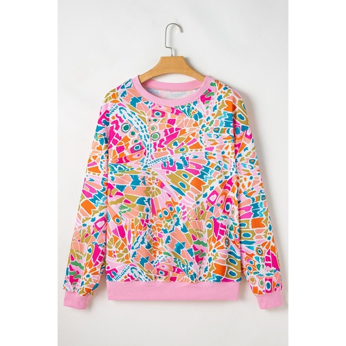 Pink Abstract Printed Drop Shoulder Loose Sweatshirt - M - Main Image