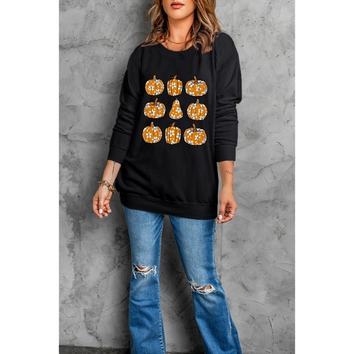 Black Floral Pumpkin Graphic Round Neck Halloween Sweatshirt - S - Main Image