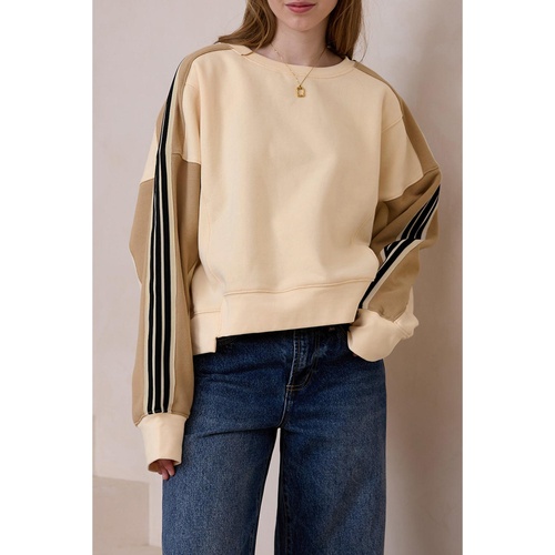 Beige Contrast Striped Patchwork Drop Shoulder Loose Sweatshirt - M - Main Image