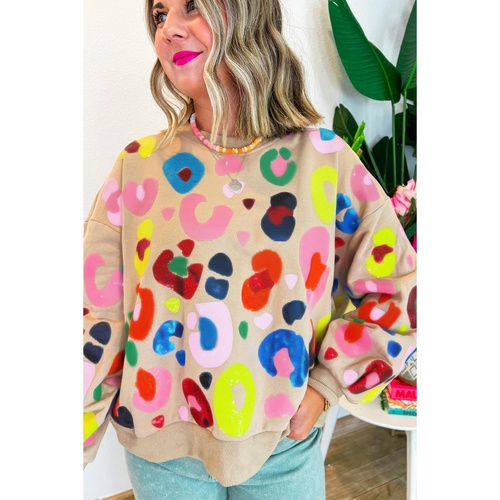 Khaki Multicolor Leopard Printed Drop Shoulder Pullover Sweatshirt - S - Main Image
