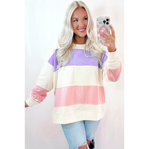 Beige Colorblock Patchwork Drop Shoulder Crewneck Sweatshirt - L - Main Image
