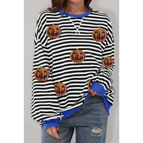 Black Stripe Funny Halloween Pumpkin Face Pattern Oversize Sweatshirt - L - Main Image