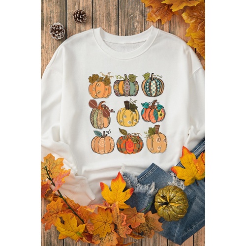 Beige Thanksgiving Pumpkin Print Drop Shoulder Sweatshirt - M - Main Image