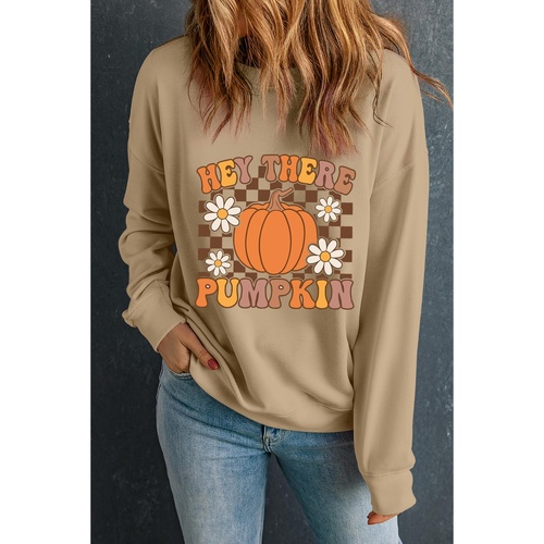Khaki Floral Checkered Pumpkin Graphic Drop Shoulder Thanksgiving Sweatshirt - S - Main Image