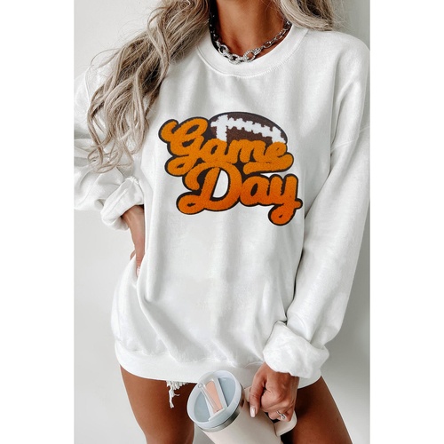 White Chenille Game Day Rugby Football Pattern Pullover Sweatshirt - S - Main Image