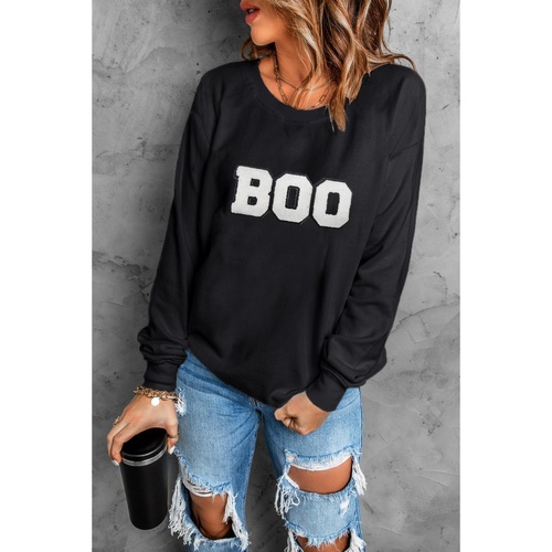 Black Chenille BOO Patched Pattern Crewneck Halloween Sweatshirt - M - Main Image