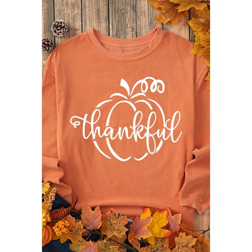 Orange Pumpkin thankful Graphic Corded Thanksgiving Sweatshirt - L - Main Image