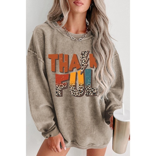Khaki Leopard THANKFUL Graphic Corded Thanksgiving Sweatshirt - M - Main Image
