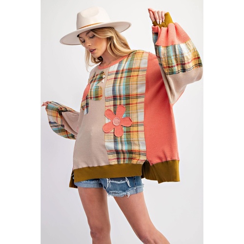 Multicolour Waffle Knit Plaid Patchwork Side Slits Loose Sweatshirt - S - Main Image