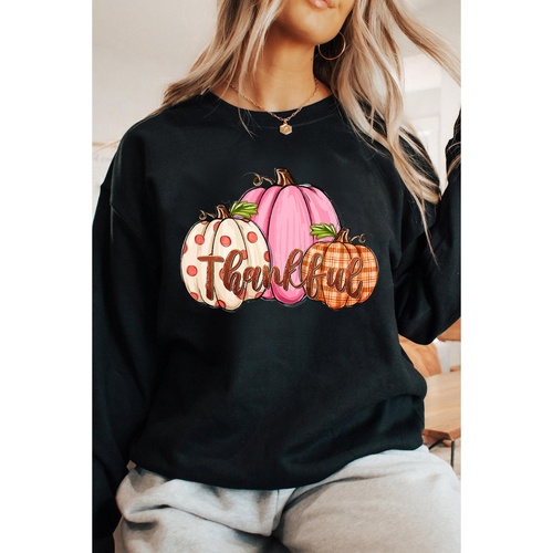 Black Pumpkin Thankful Drop Shoulder Thanksgiving Pullover Sweatshirt - S - Main Image