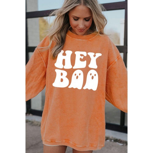 Orange Halloween Hey Boo Ghost Print Loose Sweatshirt - L - Main Image