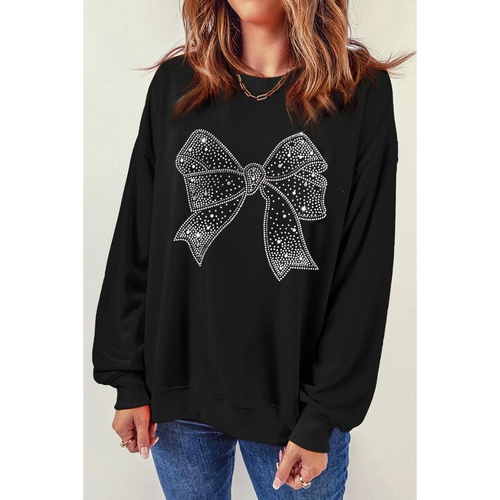 Black Rhinestone Bowknot Graphic Crewneck Pullover Sweatshirt - L - Main Image